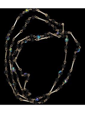Glam Goth Black & Silver-Tone Beaded Necklace With Iridescent Accents